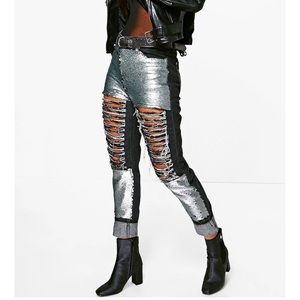 Silver Sequin Distressed Jeans